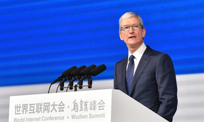 Apple CEO Tim Cook speaks during the opening ceremony of the 4th World Internet Conference in Wuzhen, Zhejiang Province, China, on Dec. 3, 2017. (AFP/Getty Images)