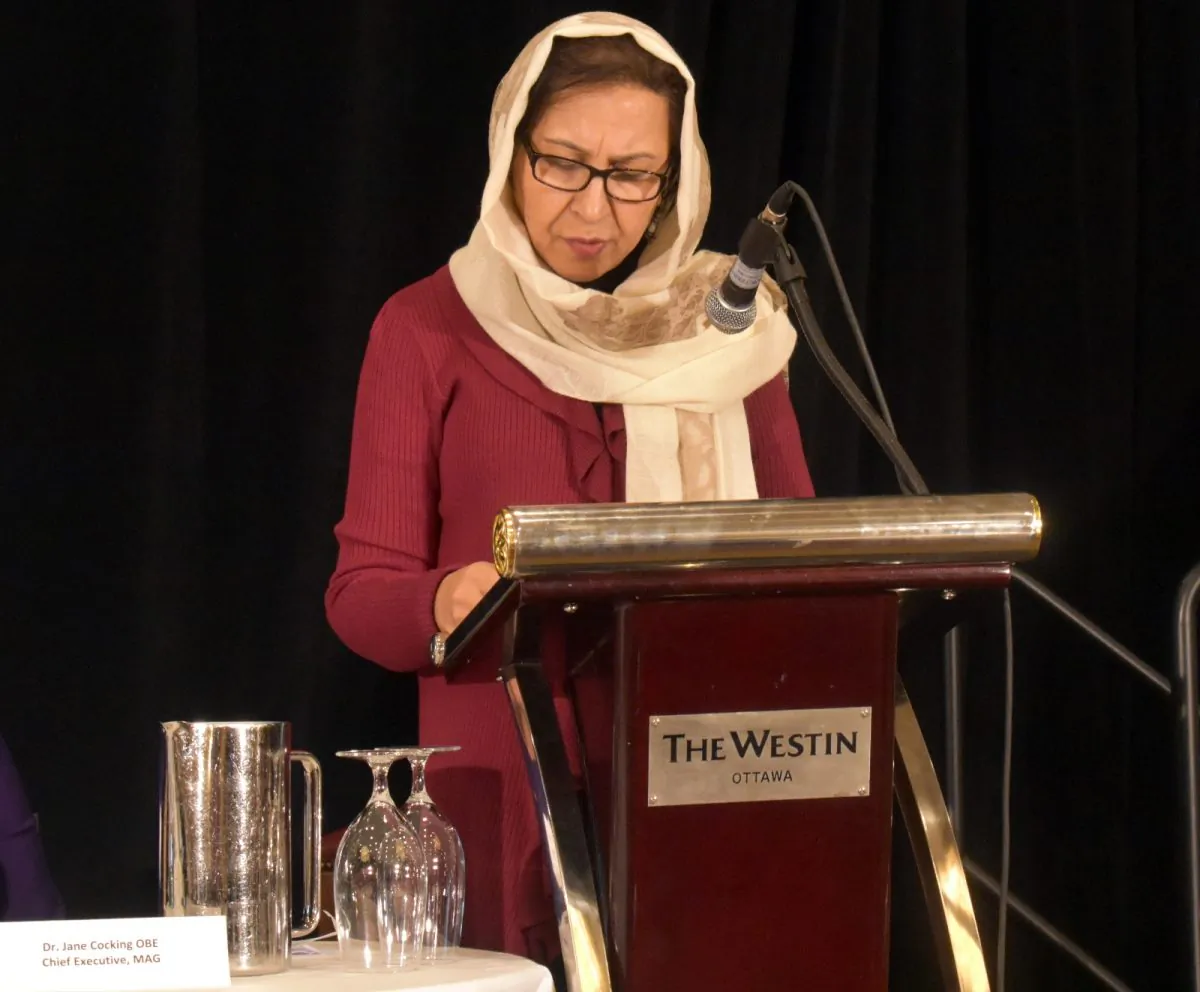 Her Excellency Shinkai Karokhail, Ambassador of Afghanistan to Canada, addresses the Ottawa Treaty 20th anniversary conference in Ottawa on Dec. 4, 2017. (Susan Korah)