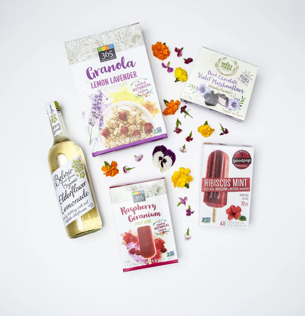 Flowers like lavender, hibiscus, violet, and elderflower are lending their flavors and fragrances to drinks and sweets. (Courtesy of Whole Foods)