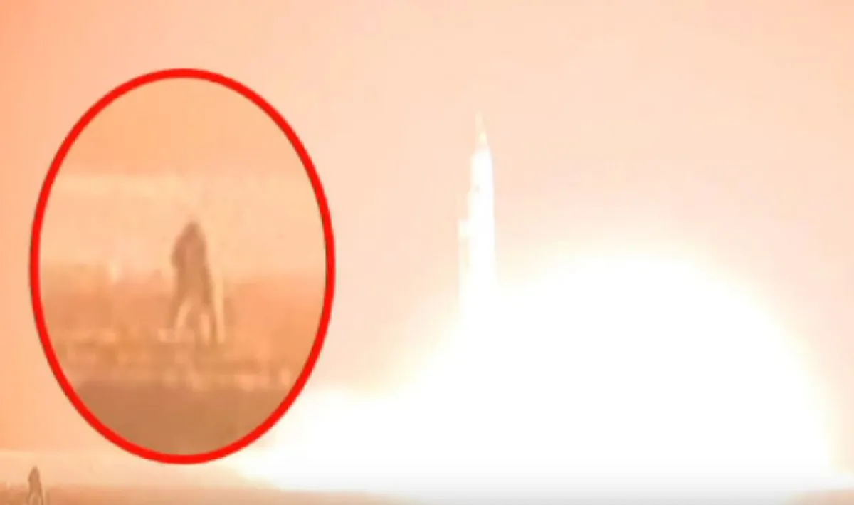 In the original video footage released by North Korea showing the launch of the Hwasong-15 missile, a human-shaped figure can be seen in the video immediately before the powerful exhaust flames from the missile engulf him. (Screenshot from North Korea KCNA)