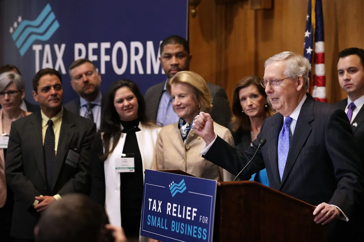 Senate Majority Leader Mitch McConnell (R-KY) addresses a tax reform news conference with Sen. Shelley Moore Capito (R-WV) and representatives from small business interest groups in the Dirksen Senate Office Building on Capitol Hill in Washington, DC on November 30, 2017. (Chip Somodevilla/Getty Images)