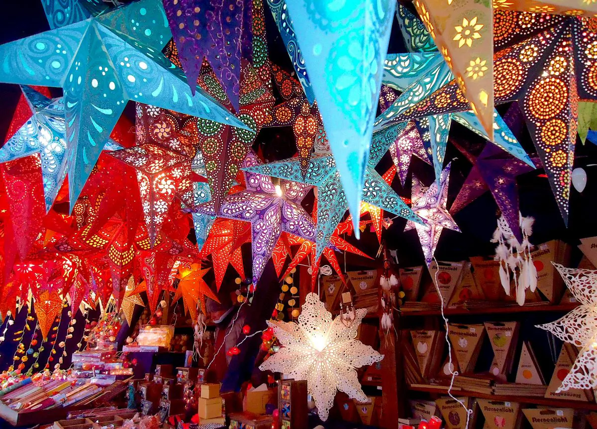 Christmas stars for sale at the Lucrezia Market in Regensburg. (Susan James)