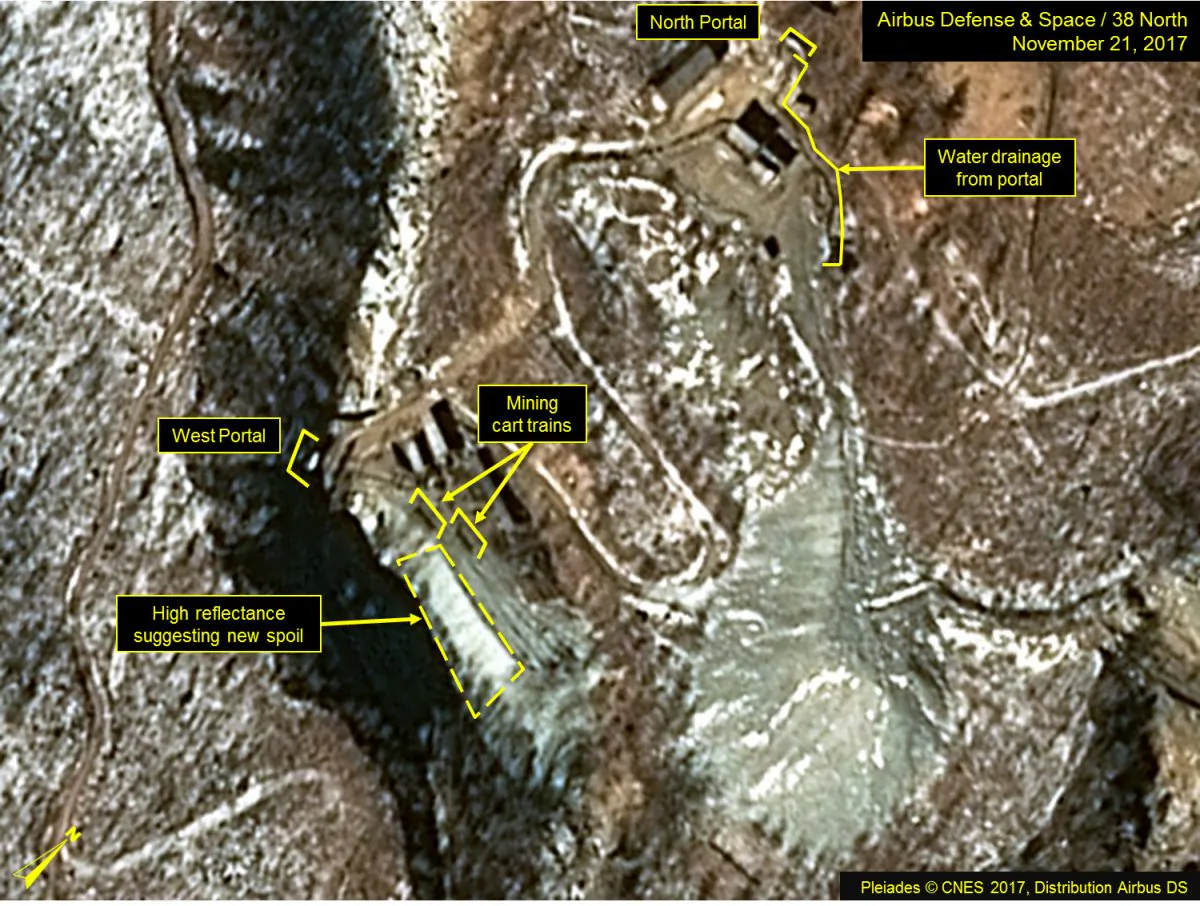 Figure 2. 38 North said the high level of activity is consistently observed in satellite images of the West Portal. Image taken Nov. 21, 2017. 
(Airbus Defense & Space / 38 North, Pleiades © CNES 2017, Distribution Airbus DS) 