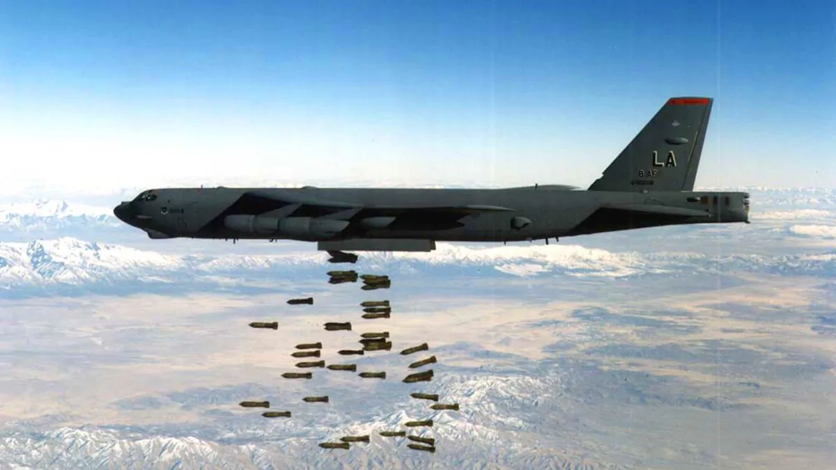A U.S. Air Force B-52 Stratofortress heavy bomber drops bombs in this undated file photo.  (U.S. Air Force/Getty Images)
