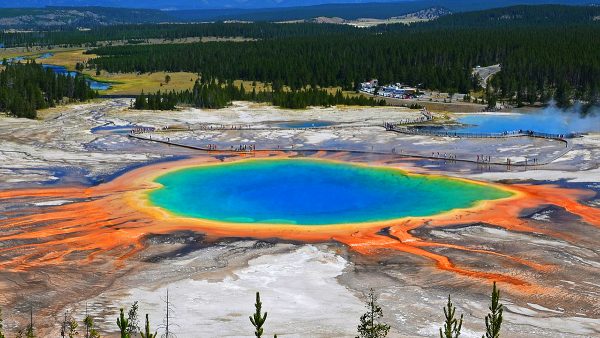Grand Prismatic Spring at Yellowstone National Park. The park is dotted with geysers and hot springs fueled by subterranean volcanic activity. (commons.wikimedia.org)