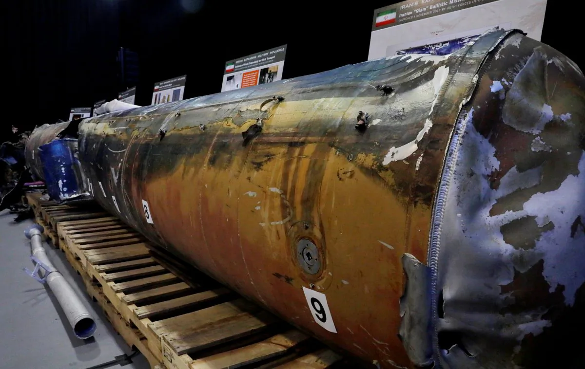 A missile that the U.S. Department of Defense says is confirmed as a "Qiam" ballistic missile manufactured in Iran by its distinctively Iranian nine fueling ports and that the Pentagon says was fired by Houthi rebels from Yemen into Saudi Arabia on July 22, 2017 is seen on display at a military base in Washington, U.S. Dec. 13, 2017. (Reuters/Jim Bourg)
