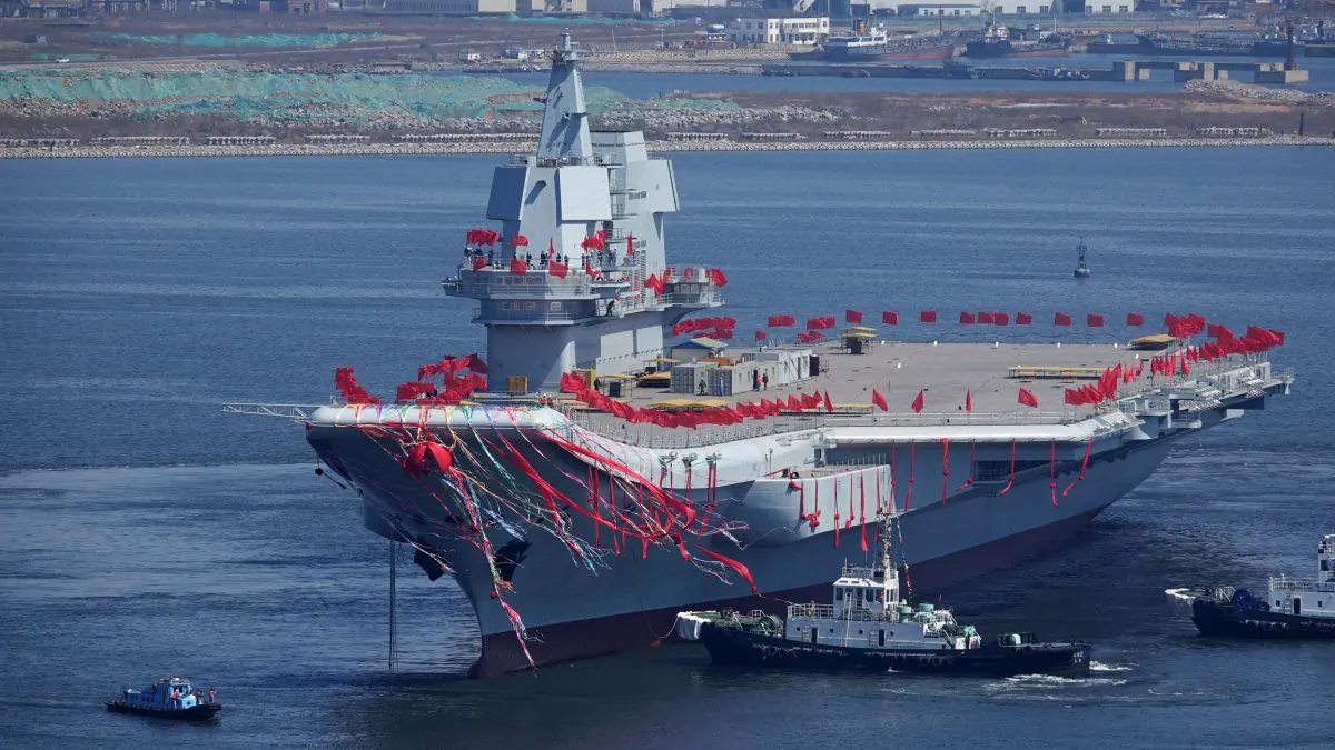 Type 001A, China's second aircraft carrier, is seen during a launch ceremony at Dalian shipyard in Dalian, northeast China's Liaoning Province, on April 26, 2017. China has achieved a critical breakthrough in its electromagnetic aircraft launch system that will allow its future carriers to launch heavier and more powerful aircraft. (STR/AFP/Getty Images)
