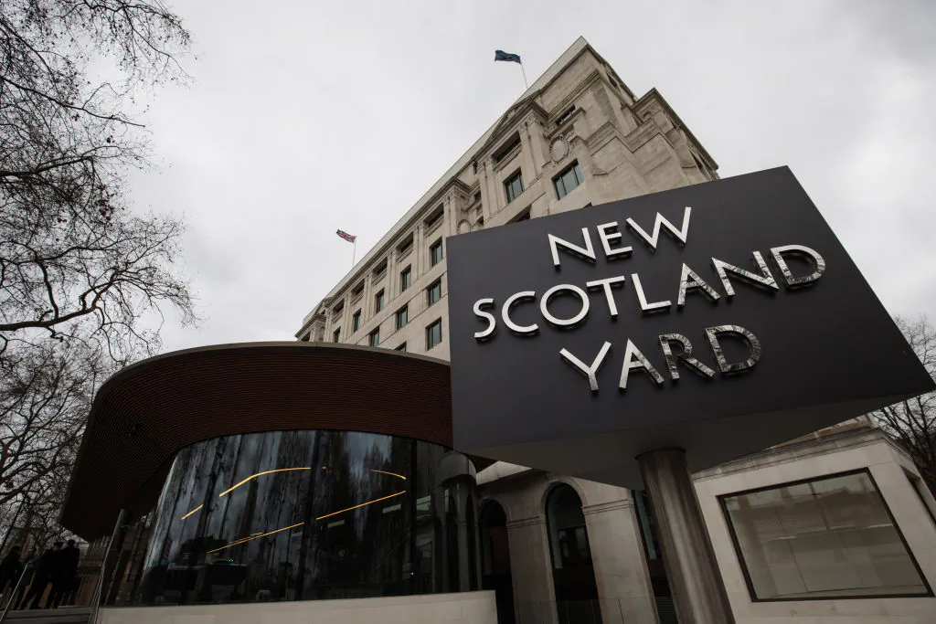 The New Scotland Yard logo on a revolving sign outside the Curtis Green Building, the new home of the Metropolitan Police on Feb. 22, 2017, in London. (Jack Taylor/Getty Images)