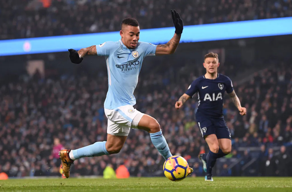 Gabriel Jesus of Manchester City runs with the ball during the Premier League match between Manchester City and Tottenham Hotspur at Etihad Stadium on Dec 16, 2017 in Manchester, England. (Laurence Griffiths/Getty Images)