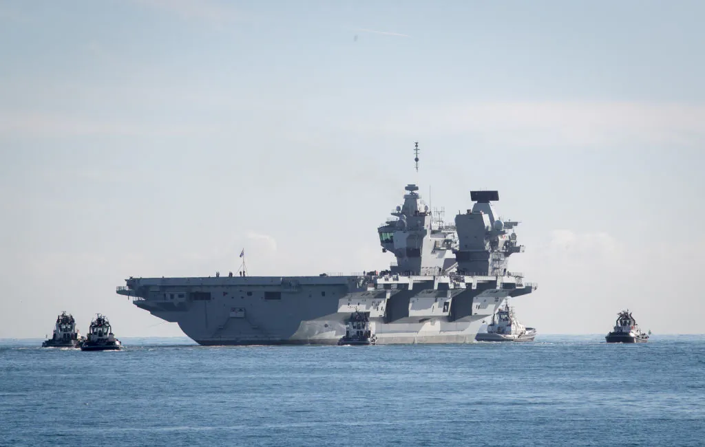 The Royal Navy's newest aircraft carrier HMS Queen Elizabeth departs Portmouth dockyard on Oct. 30, 2017 in Portsmouth, England. (Matt Cardy/Getty Images)