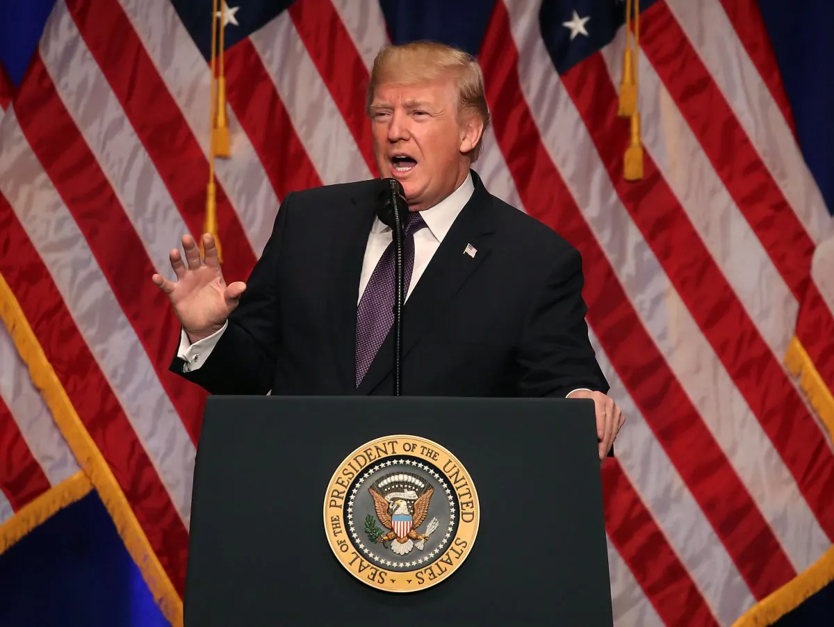 U.S. President Donald Trump delivers a speech at the Ronald Reagan Building Dec. 18, 2017 in Washington, DC. The president unveiled a new national security strategy document on the same day that aims to outline major national security concerns and the administration's plans to deal with them. (Mark Wilson/Getty Images)