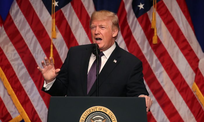 U.S. President Donald Trump delivers a speech at the Ronald Reagan Building Dec. 18, 2017 in Washington, DC. The president unveiled a new national security strategy document on the same day that aims to outline major national security concerns and the administration's plans to deal with them. (Mark Wilson/Getty Images)