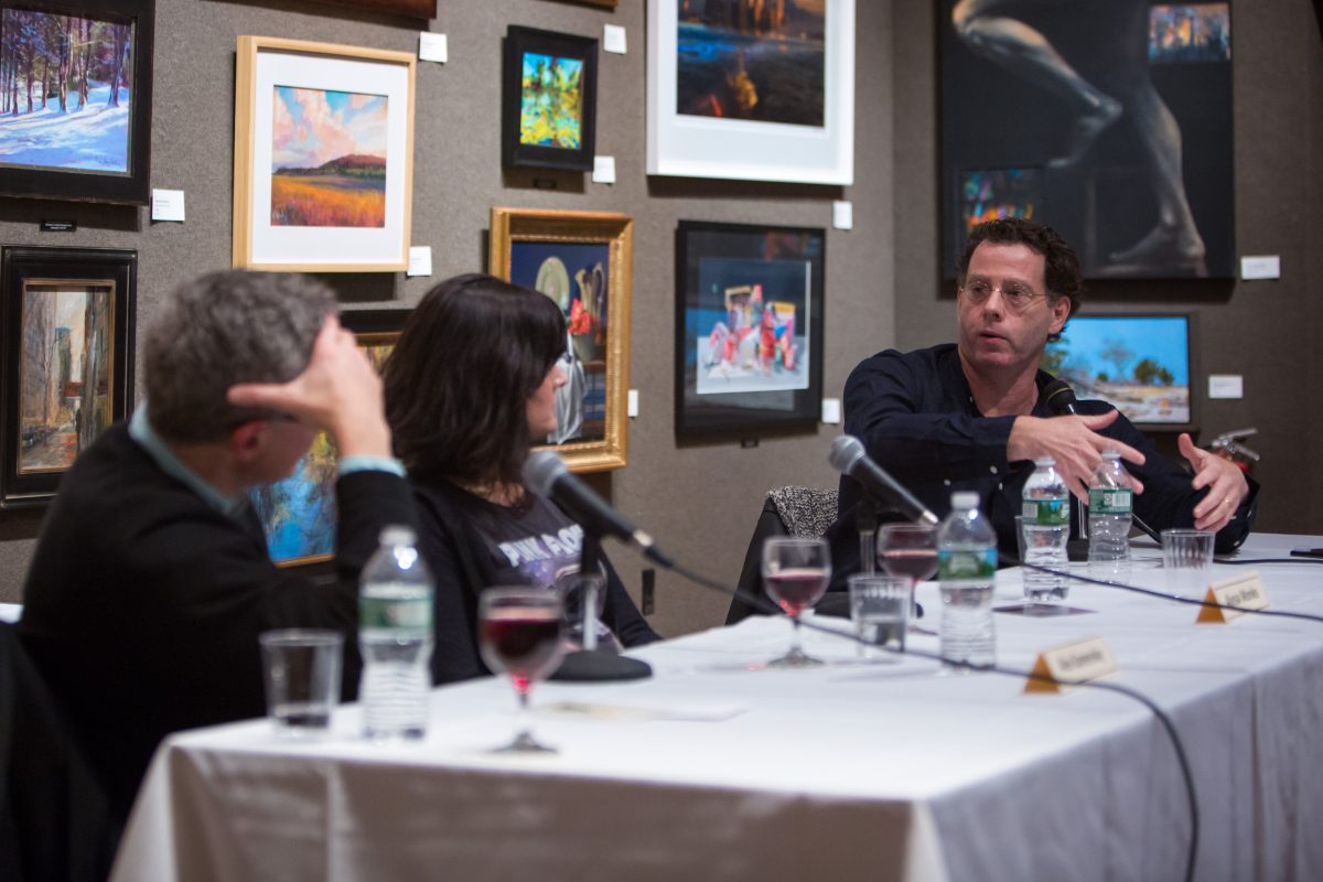 (L–R) Artists Alex Kanevsky, Alyssa Monks, and Jacob Collins participate in the first panel discussion of the "FAA Dialogues" series,  launched by The Florence Academy of Art - U.S. branch, at the Salmagundi Club in New York on Nov. 30, 2017. (Benjamin Chasteen/The Epoch Times)