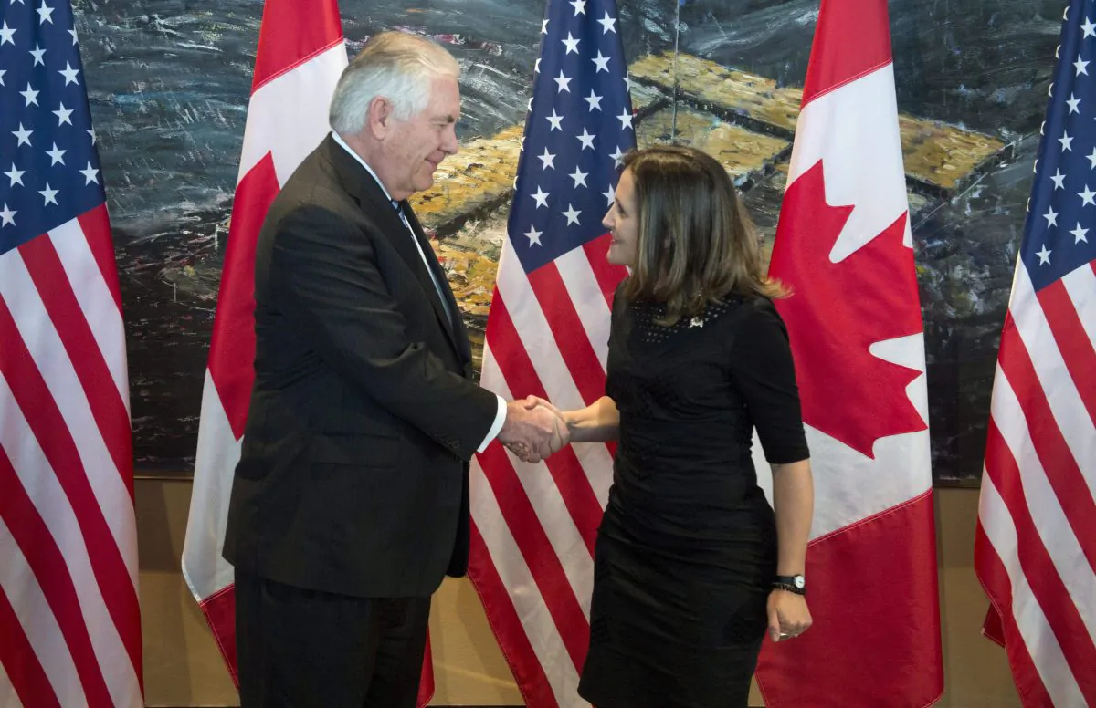 Foreign Affairs Minister Chrystia Freeland shakes hands with U.S. Secretary of State Rex Tillerson in Ottawa on Dec. 19, 2017. (The Canadian Press/Adrian Wyld)
