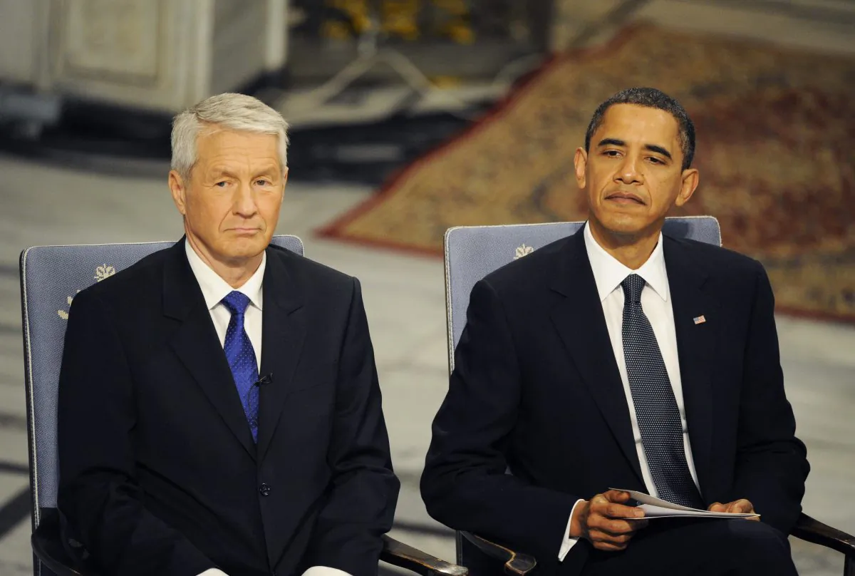 Chairman of the Norwegian Nobel Committee, Thorbjoern Jagland (L) sits by Nobel Peace Prize laureate, U.S. President Barack Obama during the Nobel Peace prize award ceremony at the City Hall in Oslo on Dec. 10, 2009. (Olivier Morin/AFP/Getty Images)