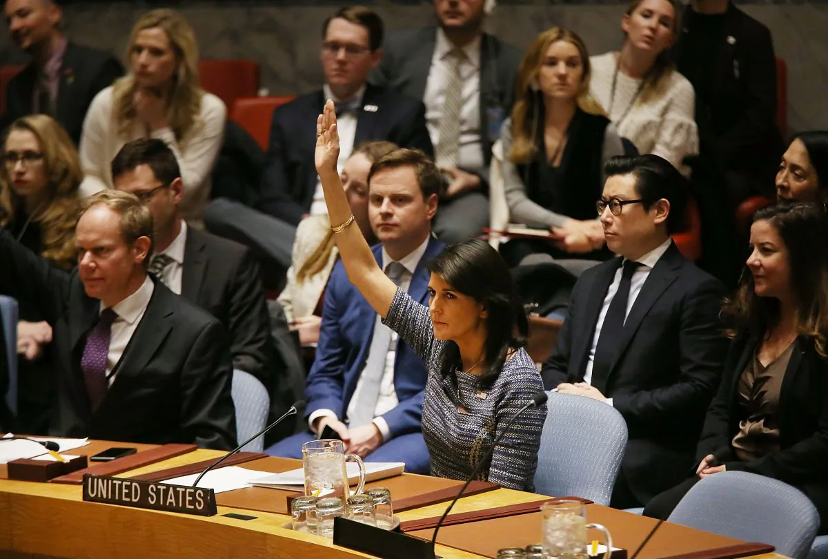 Nikki Haley, the United States Ambassador to the United Nations, votes with other members of the United Nations Security Council to impose new sanctions on North Korea in New York City on Dec. 22, 2017. (Spencer Platt/Getty Images)