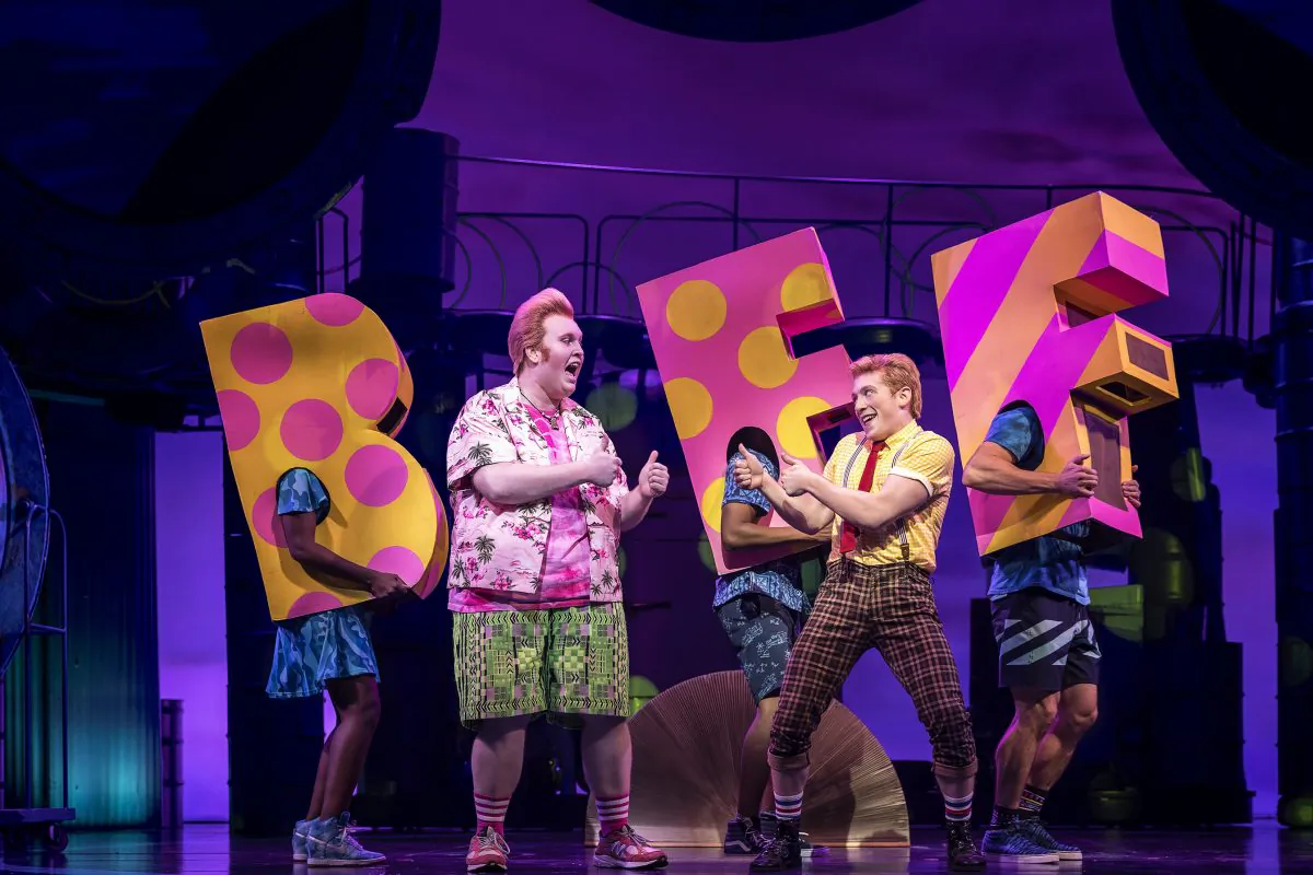 (L–R) Patrick Star (Danny Skinner) is the BFF of SpongeBob SquarePants (Ethan Slater) in the musical “SpongeBob SquarePants," based on the popular Nickelodeon television series. (Joan Marcus)