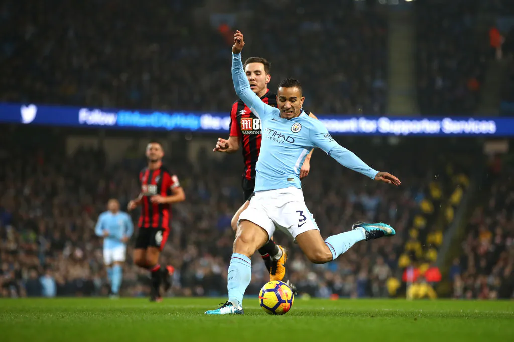 Danilo of Manchester City scores his side’s fourth goal during the Premier League match between Manchester City and AFC Bournemouth at Etihad Stadium on December 23, 2017 in Manchester, England. (Clive Brunskill/Getty Images)