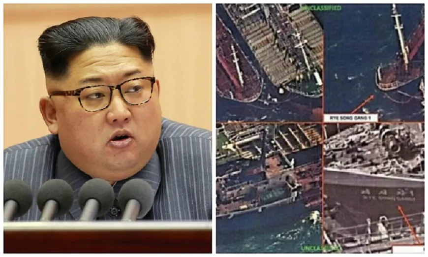 An image of North Korean leader Kim Jong-Un taken on Dec. 23, 2017. (AFP/Getty Images) Spy satellite images taken on Oct. 19 show North Korean ship connected to a Chinese vessel. (U.S. Treasury Department)