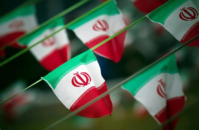 Iran's national flags on a square in Tehran. Iran, on Feb. 10, 2012. (Morteza Nikoubazl/Reuters)