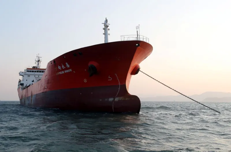 The Lighthouse Winmore, a Hong Kong-flagged vessel suspected of transferring oil to North Korea in defiance of international sanctions, is seen in the sea off Yeosu, South Korea on Dec. 29, 2017. (Yonhap via Reuters)