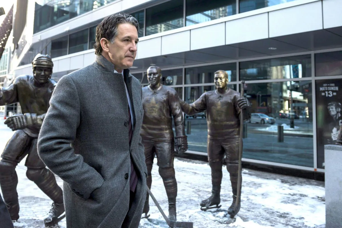 Toronto Maple Leafs president Brendan Shanahan at Legends Row outside the Air Canada Centre following the passing of Canadian hockey legend Johnny Bower, in Toronto on Dec. 27, 2017. (The Canadian Press/Christopher Katsarov)