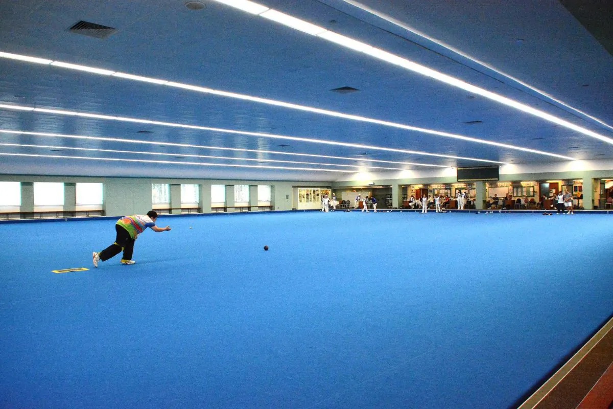 Hong Kong Football Club unveiled their newly laid indoor artificial lawn bowls green on New Year Eve, making it the first blue coloured green in Hong Kong.  (Stephanie Worth)