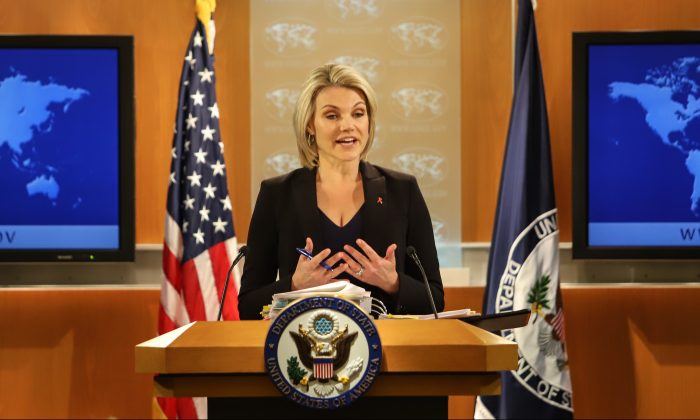 U.S. Department of State spokesperson Heather Nauert speaks in the press briefing room at the Department of State in Washington, DC., on Nov. 30, 2017.(Alex Wroblewski/Getty Images)