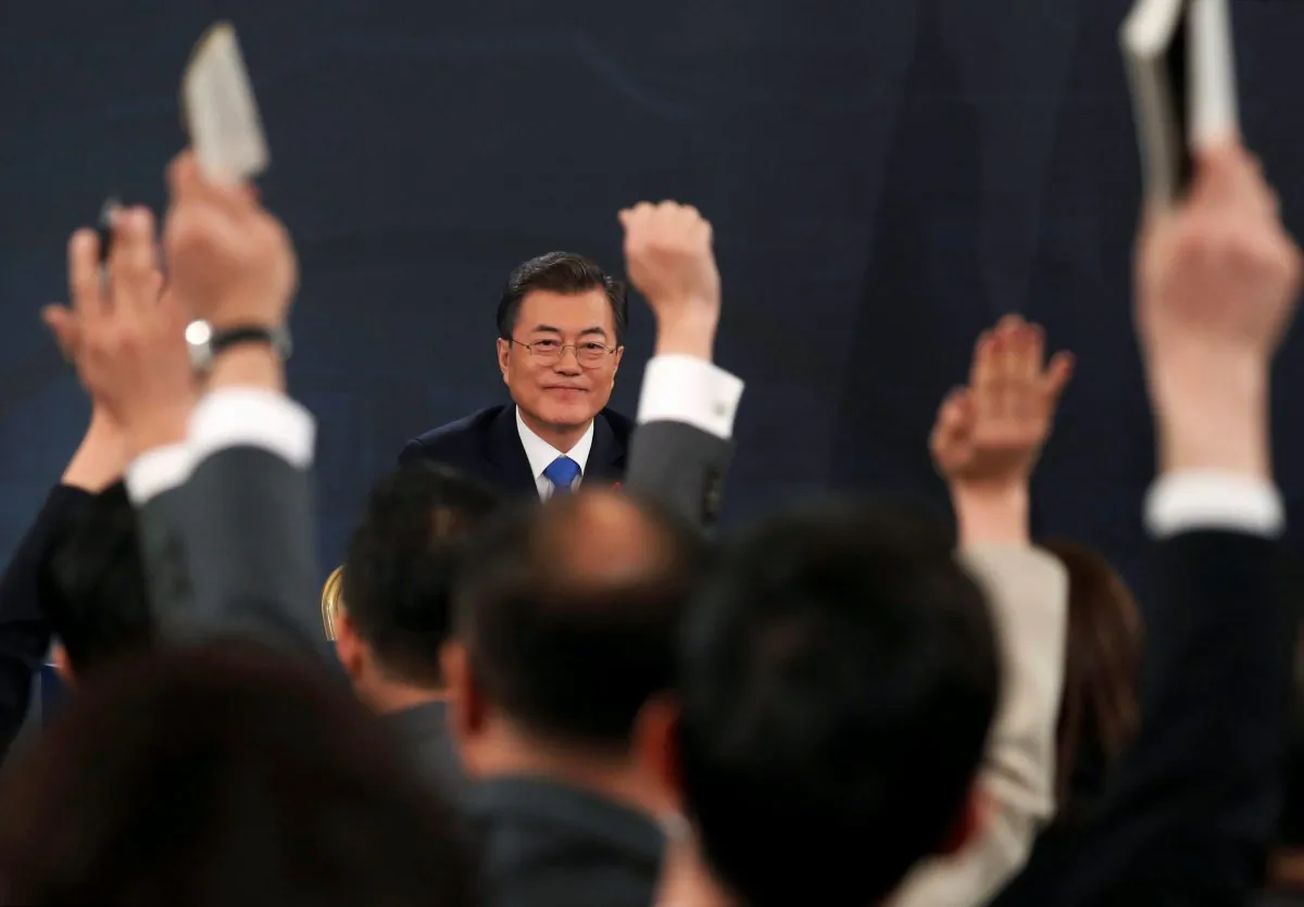South Korean President Moon Jae In attends his New Year news conference at the Presidential Blue House in Seoul, South Korea, Jan. 10, 2018. (Reuters/Kim Hong Ji)