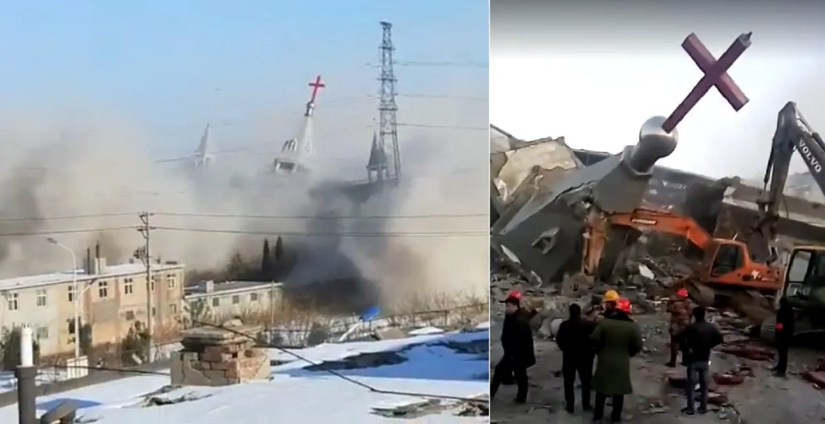 Screenshots from videos uploaded by ChinaAid show the destruction of Golden Lampstand Church in the city of Linfen in China’s Shanxi province on Tuesday, Jan. 9, 2018. China’s People's Armed Police reportedly used explosives to demolish the church as part of the latest crackdown on Chinese Christians. (ChinaAid)