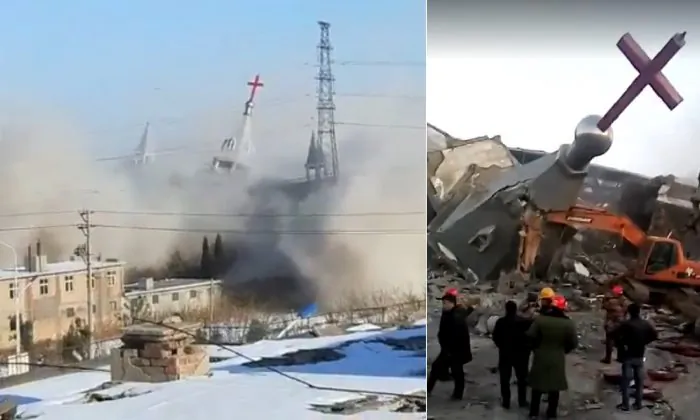 Screenshots from videos uploaded by ChinaAid show the destruction of Golden Lampstand Church in the city of Linfen in China’s Shanxi province on Tuesday, Jan. 9, 2018. China’s People's Armed Police reportedly used explosives to demolish the church as part of the latest crackdown on Chinese Christians. (ChinaAid)