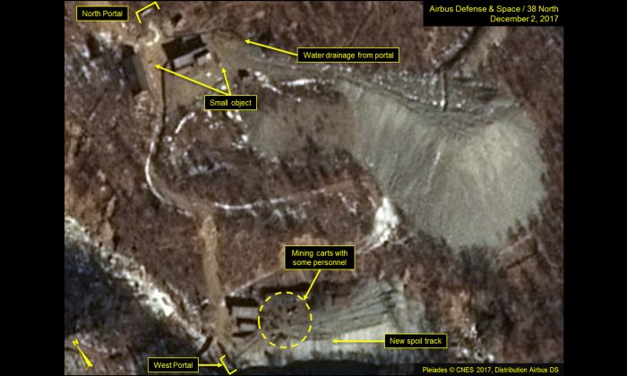 A Dec. 2, 2017 satellite view of part of the Punggye-ri Nuclear Test Site in North Korea reveals no notable changes at the North Portal but shows a significant expansion of the spoil pile at the West Portal. (Airbus Defense & Space/38 North, Pleiades CNES, 2017)
