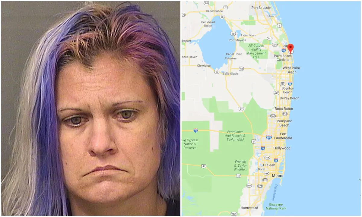 L: Jeanette Homan. (Palm Beach County Jail); R: North Palm Beach, Fla. (Screenshot via Google Maps)