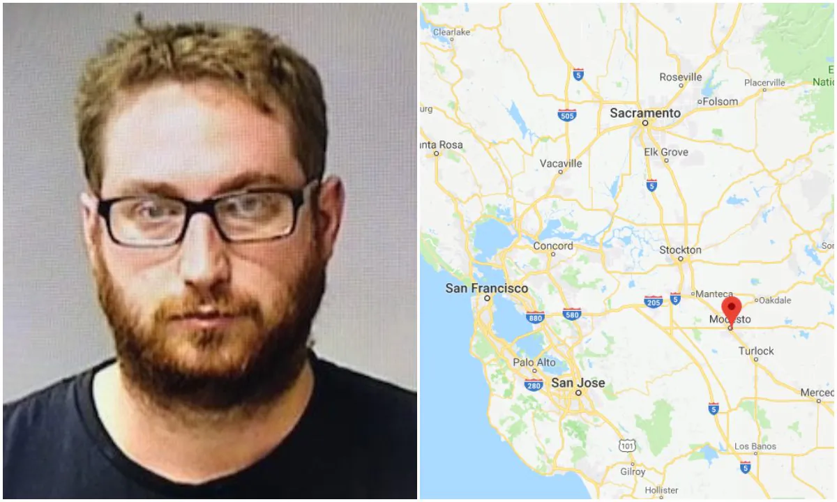 Matthew Nicholson. (Ceres Police Department); R: Modesto, Calif. (Screenshot via Google Maps)