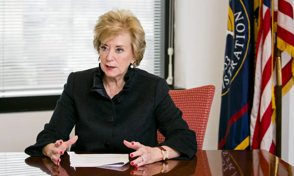Linda McMahon, Administrator of the Small Business Administration at her office in Washington on Jan. 4, 2018. (Samira Bouaou/The Epoch Times)