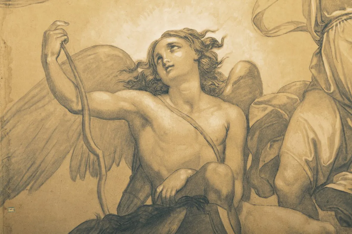 Detail of "Folly driving the chariot of Love," 1848, drawing by Giuseppe Bezzuoli (1784–1855). Charcoal, gray wash, heighlighted with white bodycolor, on four sheets of light brouwn paper, 135 3/4 inches by 189 1/2 inches. (Courtesy of Christie's)