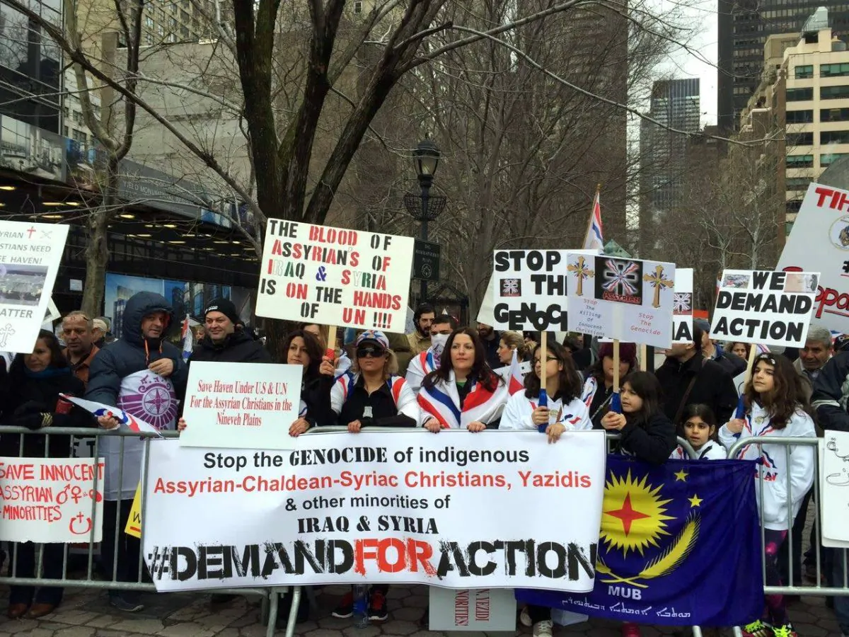 Middle Eastern Christians of all denominations protest in front of U.N. headquarters in New York in June 2014. A grassroots group of overseas Assyrians is working to aid other Christian minorities in the Middle East, whose very survival hangs in the balance. (Courtesy of ADFA)