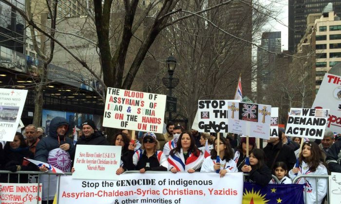 Middle Eastern Christians of all denominations protest in front of U.N. headquarters in New York in June 2014. A grassroots group of overseas Assyrians is working to aid other Christian minorities in the Middle East, whose very survival hangs in the balance. (Courtesy of ADFA)