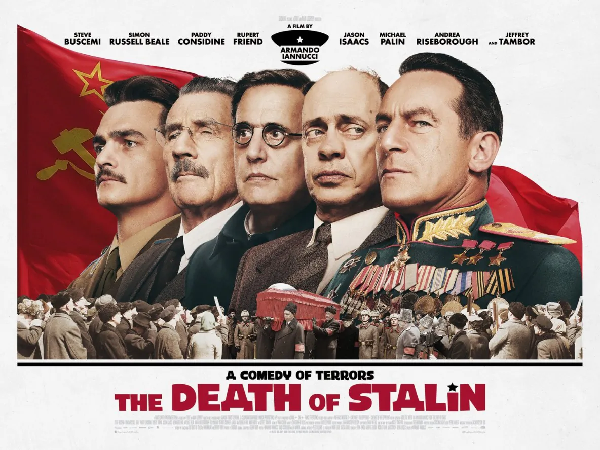 (L–R) Rupert Friend, Michael Palin, Jeffrey Tambor, Steve Buscemi, and Jason Isaacs in a poster for “The Death of Stalin.” (IFC FILMS)
