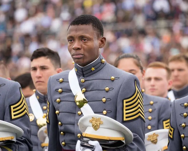 2nd Lt. Alix Schoelcher Idrache cries during the United States Military Academy West Point Graduation, May 23, 2016. (U.S. Army Staff Sgt. Vito T. Bryant)