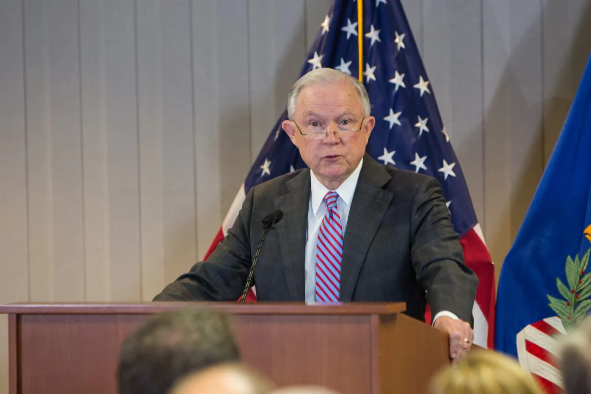 Attorney General Jeff Sessions at the headquarters of the Executive Office for Immigration Review in Falls Church, Va., on Oct. 12, 2017. (Benjamin Chasteen/The Epoch Times)