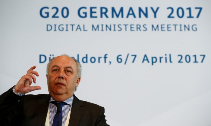 State Secretary at the German Ministry for Economic Affairs Matthias Machnig at a news conference during the G20 digital ministers meeting in Duesseldorf, Germany on April 7, 2017.   (REUTERS/Wolfgang Rattay)
