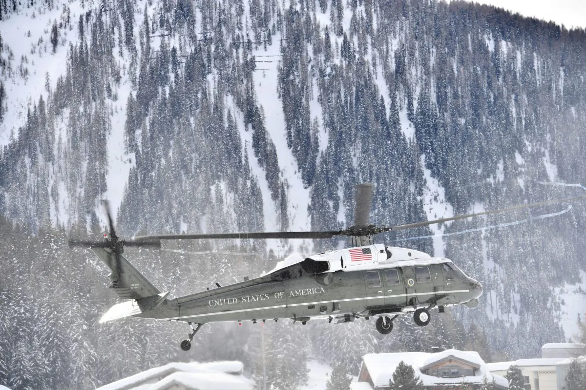 Marine One, carrying President Trump, comes in to land in the Alpine village of Davos, Switzerland, on Jan. 25, 2018. (NICHOLAS KAMM/AFP/Getty Images)