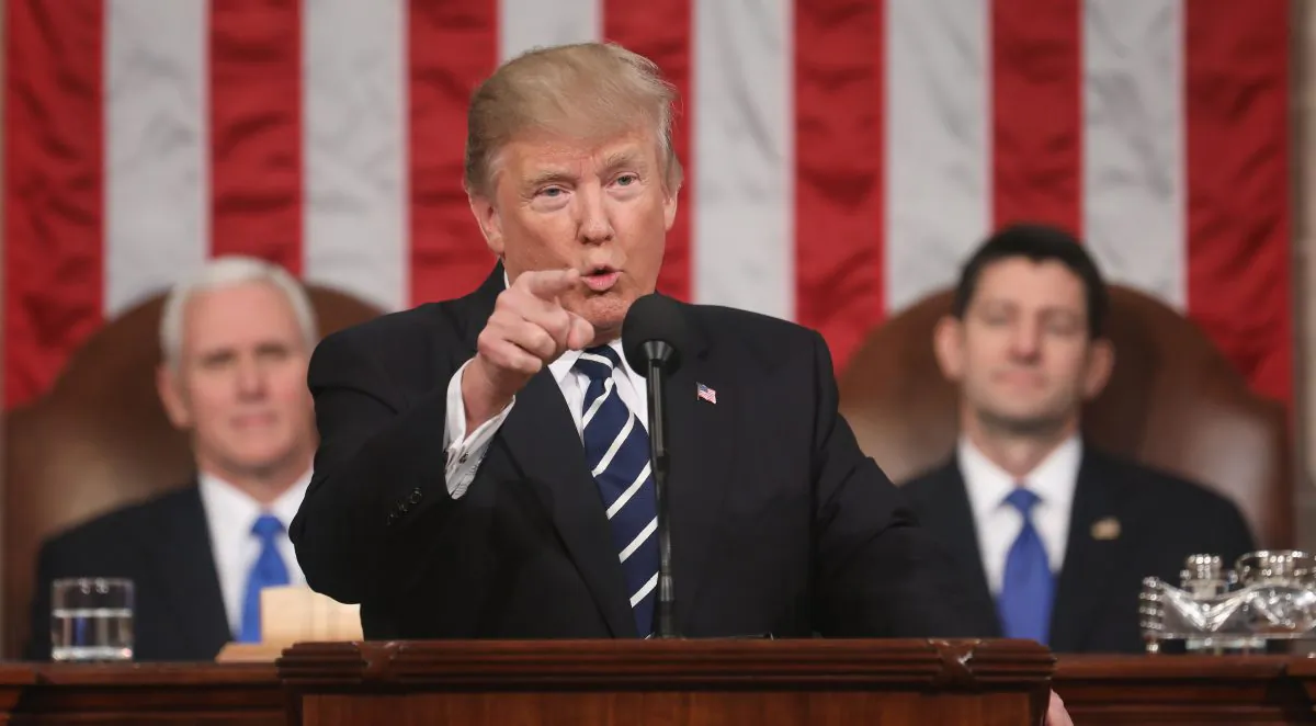 U.S. President Donald J. Trump delivers his first address to a joint session of Congress from the floor of the House of Representatives in Washington, DC, on Feb. 28, 2017. On Jan. 30, 2018, Trump will deliver his first State of the Union address. (JIM LO SCALZO/AFP/Getty Images)