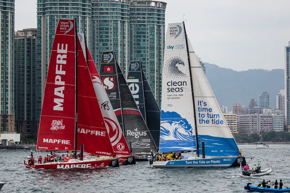 Start of the in-port Volvo Ocean Race held in Victoria Harbour, Hong Kong, on Jan 27, 2018. (Dan Marchant)