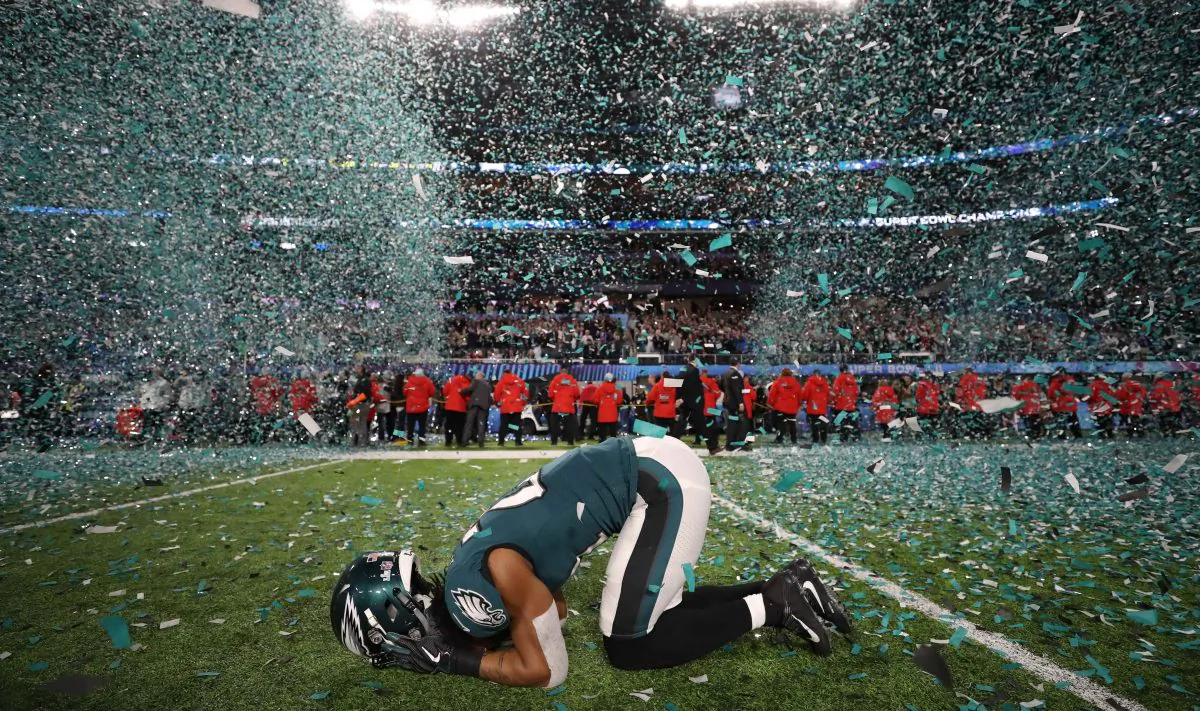 Philadelphia Eagles’ Patrick Robinson celebrates winning Super Bowl LII at U.S. Bank Stadium, Minneapolis, Minnesota on Feb. 4, 2018. (Reuters/Chris Wattie)