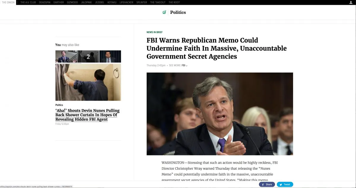 A screenshot of the Onion's politics section of their website. (theonion.com)
