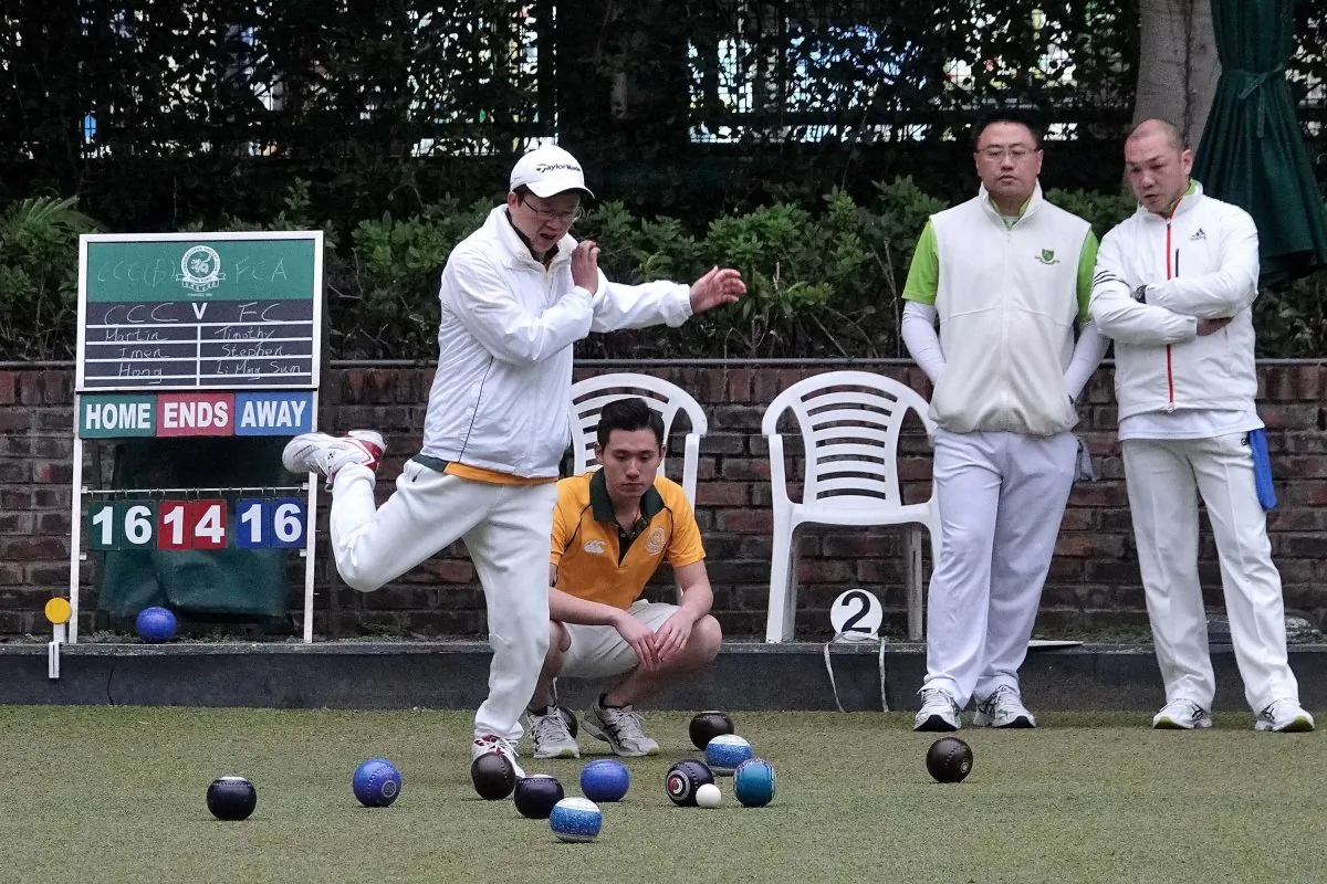 Imen Tang of Craigengower Cricket Club jumped in anxiety as the bowl from his skipper Lui Chin Hong (Not in photo) narrowly missed the target and lost four shots in this end. Eventually Lui lost the game 17:20 but CCC still finished with a 6-2 overall victory. (Mike Worth)