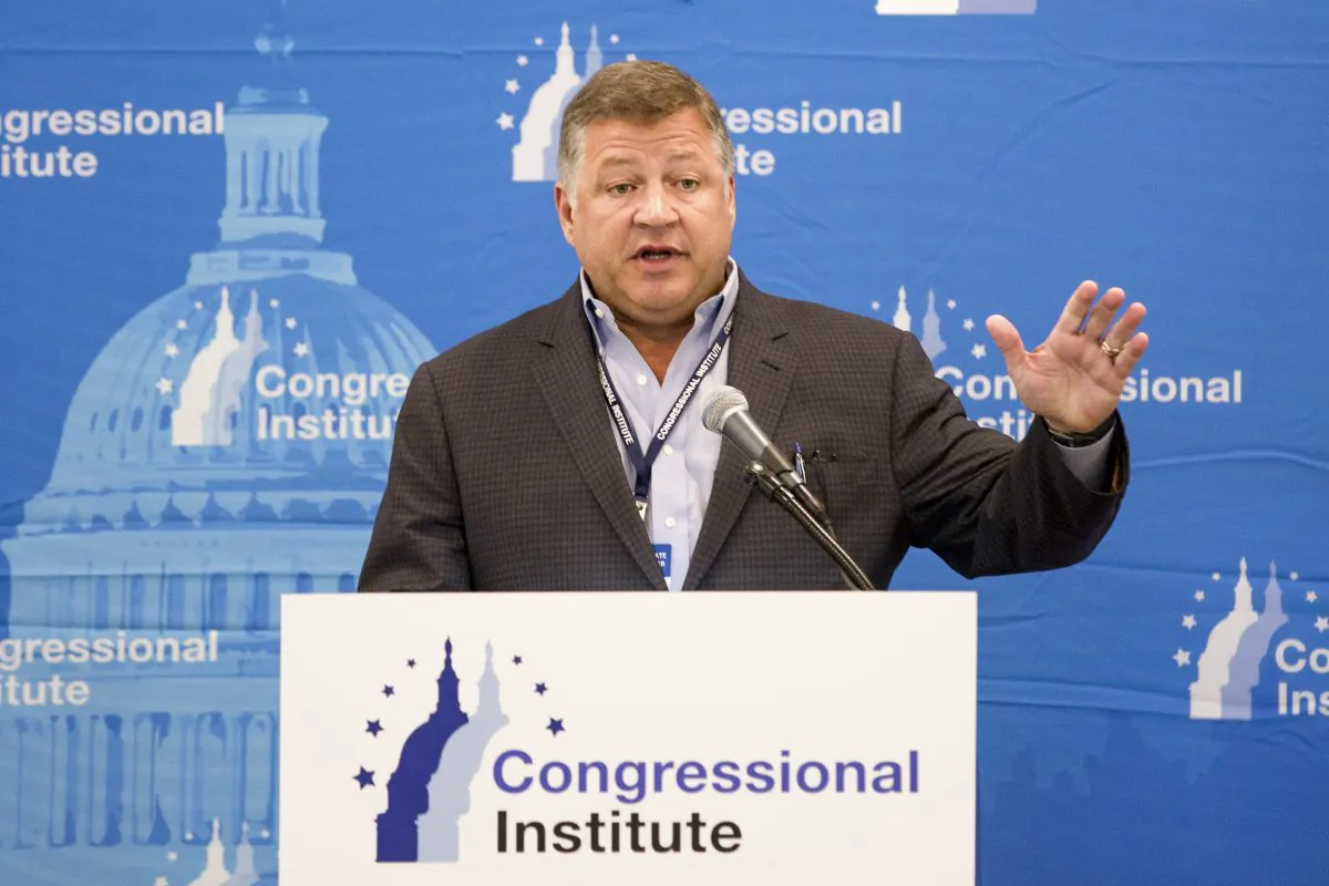 Rep. Bill Shuster (R-Penn.) talks to media following a session on infrastructure, during the 2018 Annual House and Senate Republican Conference, in White Sulphur Springs, W.Va., on Feb. 1, 2018. (Charlotte Cuthbertson/The Epoch Times)