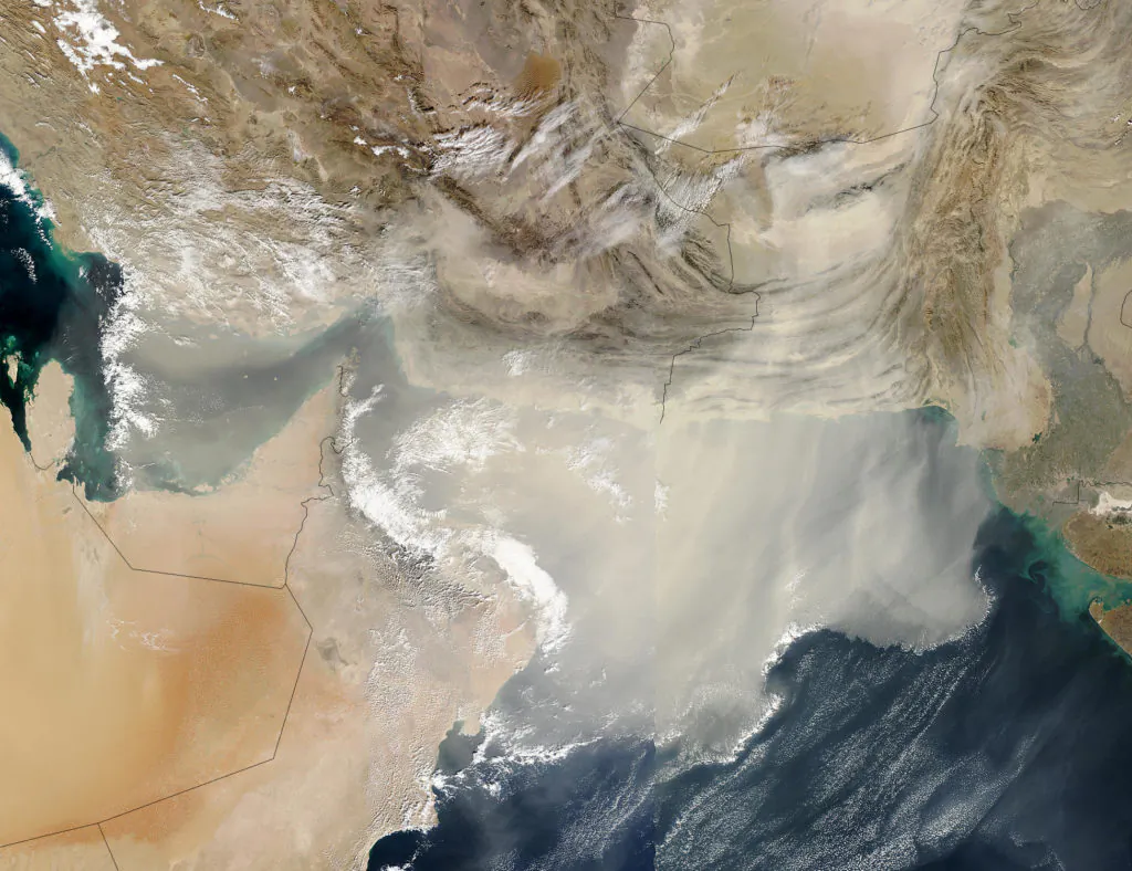Satellite image of a dust storm blowing large quantities of dust out over the Persian Gulf and the Arabian Sea on Saturday, December 13, 2003. Viruses can travel for thousands of miles by riding dust particles and water vapor. (NASA)